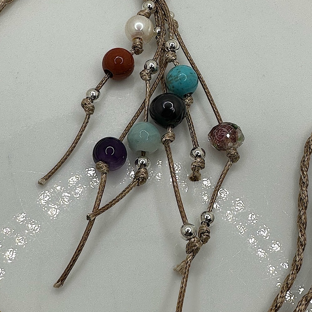ARTISAN Gemstones and Pearls Braided Tan Cord Tassel Necklace 23 1/2” long - Picture 14 of 14